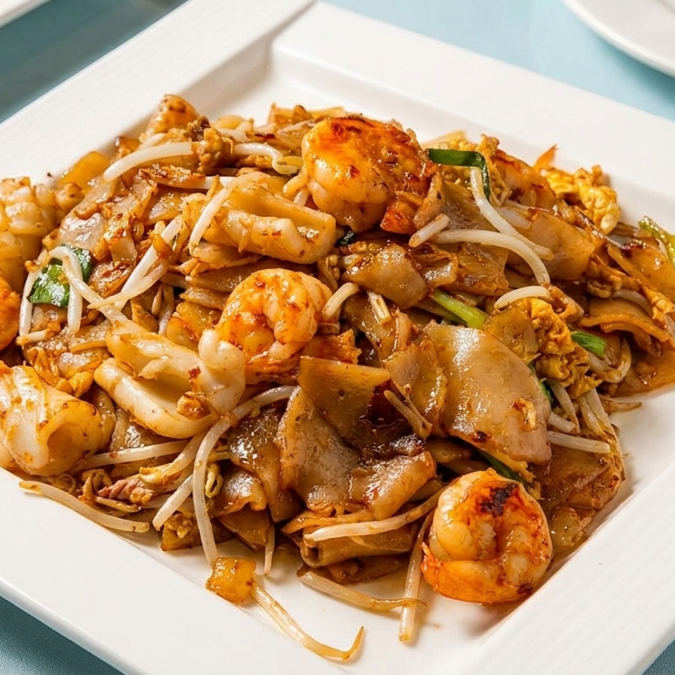 A white rectangular plate filled with stir-fried flat noodles, shrimp, squid, and bean sprouts.