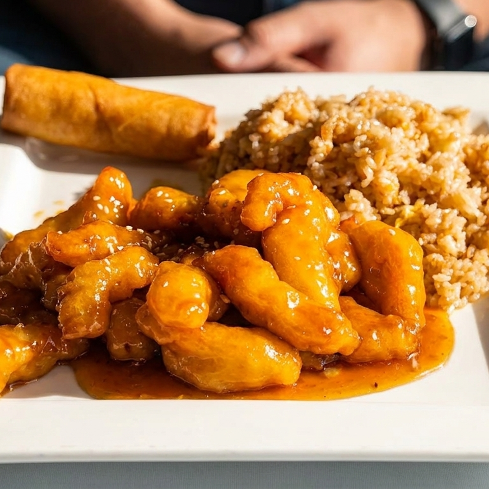 Sweet and sour chicken with fried rice and an egg roll on a white rectangular plate.